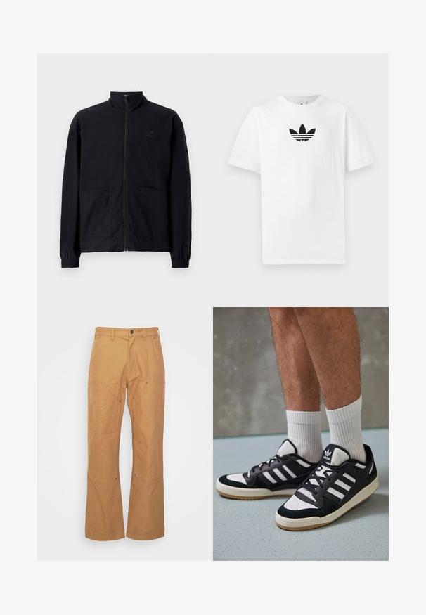 Mustast zip-up jakkidest, mis on valmistatud tekstureeritud kangast, on püstkaelus, kaks esist taskut ja elastsed mansetid. Diskreetne logo detail.; Valge puuvillane T-särk, millel on must Adidas logo keskel. Lühikesed varrukad ja ümmargune kaelus. Sile tekstuur.; Küpsised tan värvi cargo püksid, mis on valmistatud vastupidavast kangast. Neil on küljetaskud, metallist detailid, sirge lõige ja tavaline vöökoht.; Mustvalged ja valged spordijalatsid, mille pealmine osa on valmistatud suede'ist ja nahast. Kingadel on kolm valget riba, auguline varvas ja kummist tald.