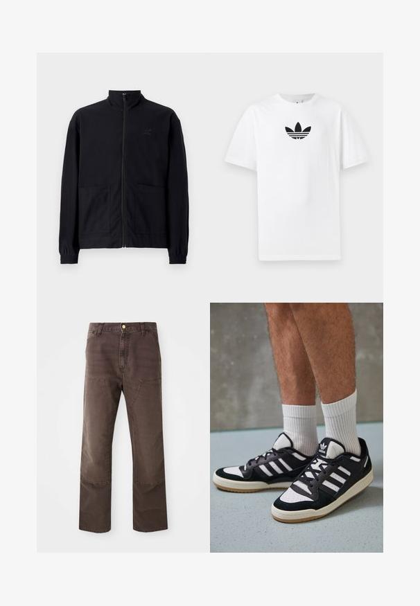 Black zip-up jacket made of textured fabric featuring a standing collar, two front pockets, and elasticized cuffs. Subtle logo detail.; White cotton T-shirt featuring a black Adidas logo at the center. Short sleeves and a crew neck design. Smooth texture.; Brown, straight-leg pants made of cotton blend. Features front patch pockets and contrasting stitching. Finished with a classic button closure.; Black and white sneakers with a suede and leather upper, featuring three white stripes, a perforated toe, and a gum rubber sole.