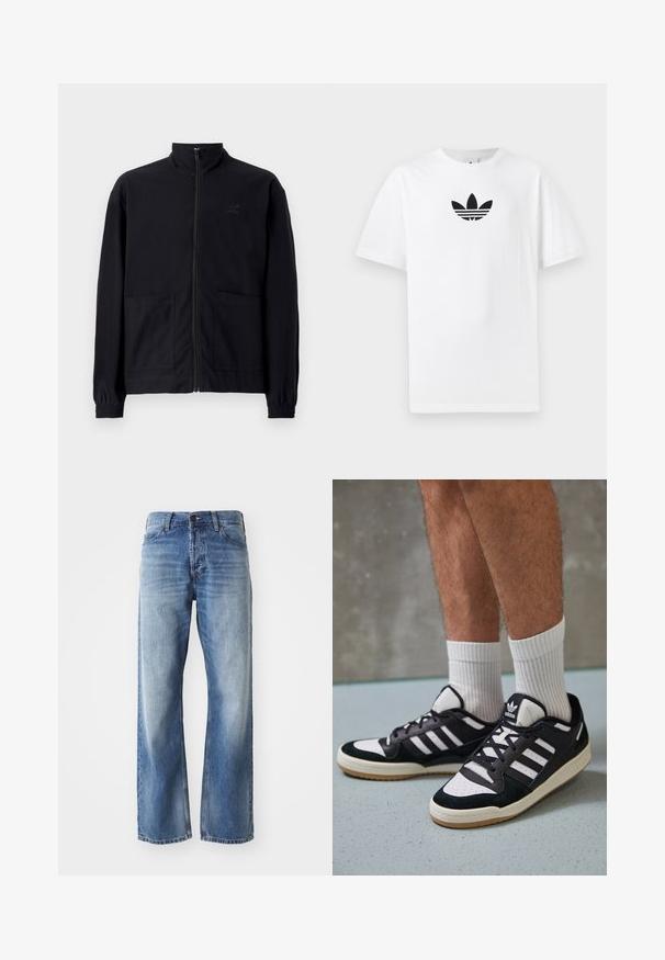 Mustast zip-up jakkidest, mis on valmistatud tekstureeritud kangast, on püstkaelus, kaks esist taskut ja elastsed mansetid. Diskreetne logo detail.; Valge puuvillane T-särk, millel on must Adidas logo keskel. Lühikesed varrukad ja ümmargune kaelus. Sile tekstuur.; Sinine denim sirge lõikega teksapüksid, millel on kerge pleekimine reie ja põlvede piirkonnas, viis taskut ja nööpkinnitus.; Mustvalged ja valged spordijalatsid, mille pealmine osa on valmistatud suede'ist ja nahast. Kingadel on kolm valget riba, auguline varvas ja kummist tald.