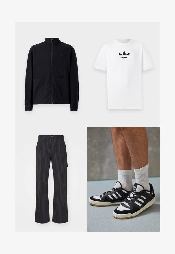 Crna jakna na patent s teksturiranim materijalom koja ima stojeći ovratnik, dva prednja džepa i elastične manžete. Suptilan detalj s logotipom.; Bijela pamučna majica s crnim Adidas logom u centru. Kratki rukavi i dizajn s okruglim izrezom. Glatka tekstura.; Crne prugaste hlače širokih nogavica s ravnim prednjim dijelom, visokim strukom i bočnim džepovima, izrađene od teksturiranog materijala, s kontrastnim prugama.; Crne i bijele tenisice s gornjim dijelom od antilopa i kože, s tri bijele pruge, perforiranim prstom i gumiranim potplatom.