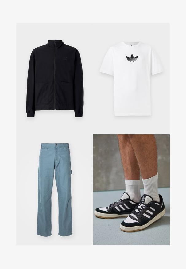 Melna zip-up jaka, izgatavota no struktūrētas auduma, ar stāvošu apkakli, divām priekšējām kabatām un elastīgām aprocēm. Diskreta logotipa detaļa.; Balta kokvilnas T-kreklu ar melnu Adidas logo centrā. Īsas piedurknes un apaļas kakla izgriezums. Gluda tekstūra.; Gaiši zilas kokvilnas krāsu bikses ar taisnu kāju dizainu, divām sānu kabatām un vienu cilpu jostai, lai nodrošinātu papildu lietderību.; Melnas un baltas kedas ar zamša un ādas augšdaļu, kas aprīkotas ar trim baltām svītrām, perforētu purngali un gumijas zolēm.