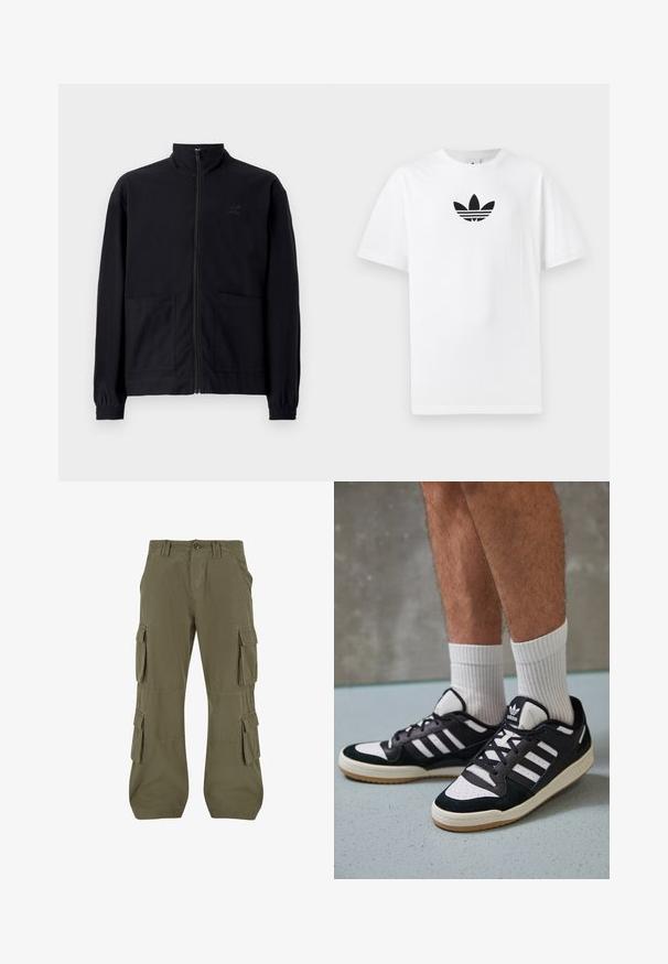 Melna zip-up jaka, izgatavota no struktūrētas auduma, ar stāvošu apkakli, divām priekšējām kabatām un elastīgām aprocēm. Diskreta logotipa detaļa.; Balta kokvilnas T-kreklu ar melnu Adidas logo centrā. Īsas piedurknes un apaļas kakla izgriezums. Gluda tekstūra.; Olīvzaļa cargo bikses. Izgatavotas no kokvilnas, ar vairākām sānu kabatām, taisnu griezumu un redzamām šuvēm.; Melnas un baltas kedas ar zamša un ādas augšdaļu, kas aprīkotas ar trim baltām svītrām, perforētu purngali un gumijas zolēm.