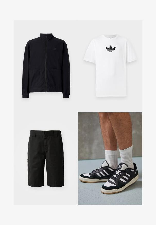 Melna zip-up jaka, izgatavota no struktūrētas auduma, ar stāvošu apkakli, divām priekšējām kabatām un elastīgām aprocēm. Diskreta logotipa detaļa.; Balta kokvilnas T-kreklu ar melnu Adidas logo centrā. Īsas piedurknes un apaļas kakla izgriezums. Gluda tekstūra.; Melni kokvilnas šorti ar tiešu griezumu, jostu cilpiņām un gludu priekšpusi. Satur kabatas sānos un viendabīgu tekstūru.; Melnas un baltas kedas ar zamša un ādas augšdaļu, kas aprīkotas ar trim baltām svītrām, perforētu purngali un gumijas zolēm.