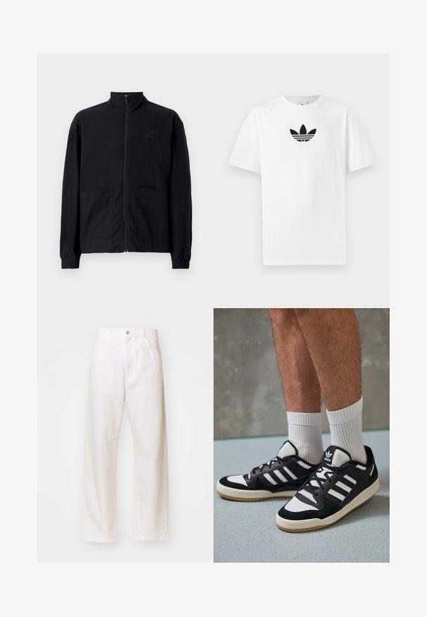 Černá zipová bunda vyrobená z texturované tkaniny, s vysokým límcem, dvěma předními kapsami a elastickými manžetami. Jemný detail loga.; Bílá bavlněná tričko s černým logem Adidas uprostřed. Krátký rukáv a design s kulatým výstřihem. Hladká textura.; Bílé bavlněné kalhoty širokého střihu s knoflíkovým zapínáním, vybavené poutky na opasek a dvěma předními kapsami. Hladká textilie, klasický design a rovný střih.; Černobílé tenisky s vrchní částí z semišové a kožené kůže, včetně tří bílých pruhů, perforovaného špičky a podrážky z gumy.