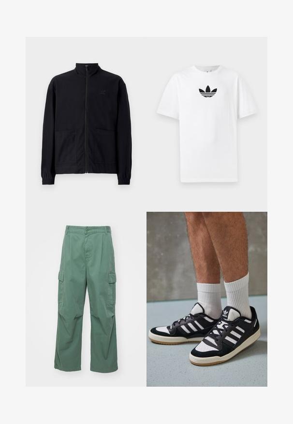 Melna zip-up jaka, izgatavota no struktūrētas auduma, ar stāvošu apkakli, divām priekšējām kabatām un elastīgām aprocēm. Diskreta logotipa detaļa.; Balta kokvilnas T-kreklu ar melnu Adidas logo centrā. Īsas piedurknes un apaļas kakla izgriezums. Gluda tekstūra.; Zaļi kokvilnas kravas bikses ar brīvu piegriezumu, platām kājām un sānu kabatām. Audumam ir gluda tekstūra bez rakstiem.; Melnas un baltas kedas ar zamša un ādas augšdaļu, kas aprīkotas ar trim baltām svītrām, perforētu purngali un gumijas zolēm.