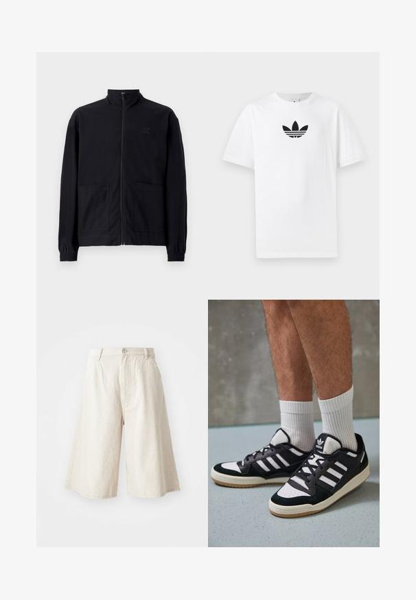Giacca nera con zip realizzata in tessuto testurizzato, dotata di colletto alto, due tasche frontali e polsini elasticizzati. Dettaglio logo discreto.; T-shirt bianco in cotone con logo Adidas nero al centro. Maniche corte e design con girocollo. Texture liscia.; Pantaloni corti a gamba larga beige realizzati in cotone, con taglio dritto, tasche frontali e chiusura con bottone visibile in vita.; Sneaker bianco e nero con tomaia in suede e pelle, caratterizzati da tre strisce bianche, punta perforata e suola in gomma naturale.