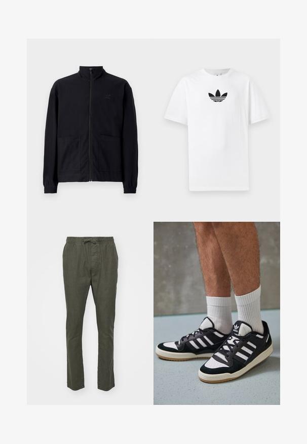 Melna zip-up jaka, izgatavota no struktūrētas auduma, ar stāvošu apkakli, divām priekšējām kabatām un elastīgām aprocēm. Diskreta logotipa detaļa.; Balta kokvilnas T-kreklu ar melnu Adidas logo centrā. Īsas piedurknes un apaļas kakla izgriezums. Gluda tekstūra.; Olive zaļas, vieglas, audumā austas bikses ar elastīgu jostu un auklu. Taisnas taisnas kājas, sānu kabatas un gluda tekstūra.; Melnas un baltas kedas ar zamša un ādas augšdaļu, kas aprīkotas ar trim baltām svītrām, perforētu purngali un gumijas zolēm.
