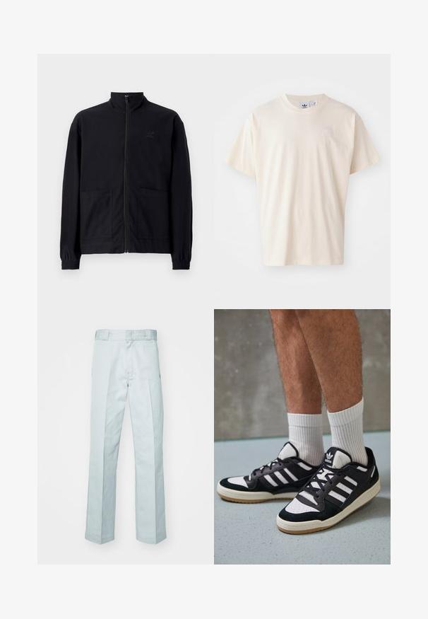 Černá zipová bunda vyrobená z texturované tkaniny, s vysokým límcem, dvěma předními kapsami a elastickými manžetami. Jemný detail loga.; Krémové bavlněné tričko s kulatým výstřihem a krátkými rukávy; na hrudi je umístěno malé světlé logo.; Světle modré bavlněné kalhoty s rovným střihem, s jemnými záhyby a hladkým povrchem, zakončené standardním pasem.; Černobílé tenisky s vrchní částí z semišové a kožené kůže, včetně tří bílých pruhů, perforovaného špičky a podrážky z gumy.