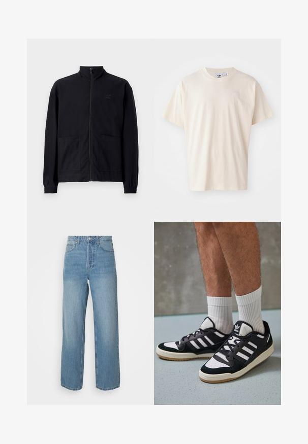 Fekete, cipzáros dzseki, textúrált anyagból, álló gallérral, két elülső zsebbel és rugalmas mandzsettával. Diszkrét logó részlet.; Krém színű pamut póló kerek nyakkal és rövid ujjakkal; a mellrészen egy kis, világos színű logó található.; Magas derekú, világoskék farmernadrág egyenes szárakkal, elülső gombos záródással és öt zsebes stílussal, egyszínű háttér előtt.; Fekete-fehér tornacipők velúr és bőr felsőrésszel, három fehér csíkkal, perforált orral és gumi talppal.
