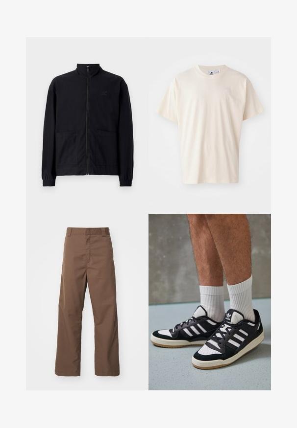 Black zip-up jacket made of textured fabric featuring a standing collar, two front pockets, and elasticized cuffs. Subtle logo detail.; Cream cotton t-shirt with a round neckline and short sleeves; features a small, light-colored logo on the chest.; Brown straight-leg pants made from durable fabric with a smooth texture. Features belt loops and a flat front design, suitable for casual wear.; Black and white sneakers with a suede and leather upper, featuring three white stripes, a perforated toe, and a gum rubber sole.