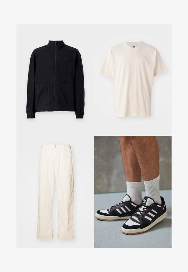 Čierna zapínacia bunda vyrobená z textúrovanej látky, s vysokým golierom, dvoma prednými vreckami a elastickými manžetami. Diskrétne logo.; Krémové bavlnené tričko s okrúhlym výstrihom a krátkymi rukávmi; má malé, svetlého odtieňa logo na hrudi.; Krémové široké nohavice vyrobené z bavlny, s bočnými vreckami, zapínaním na gombík a jemnými švovými detailmi.; Čierno-biele tenisky s vrchom z semišu a kože, s troma bielymi pruhmi, perforovanou špičkou a gumovou podrážkou.