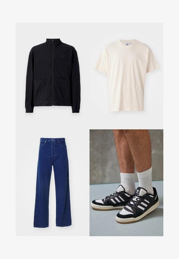 Musta vetoketjullinen takki, joka on valmistettu teksturoidusta kankaasta. Takissa on pystykaulus, kaksi etutaskua ja elastiset hihansuut. Huomaamaton logotyyli.; Kerman puuvillapaita, jossa on pyöreä kaula-aukko ja lyhyet hihat; rinnassa on pieni, vaaleanvärinen logo.; Korkeavyötäröiset, leveälahkeiset siniset farkut, joissa on etutaskut ja nappikiinnitys. Sujuva pinta ja vähäiset ompelusaumat.; Valkoiset ja mustat tennarit, joissa on mokkanahka- ja nahkapäällinen, kolme valkoista raitaa, rei'itetty kärki ja kumipohja.