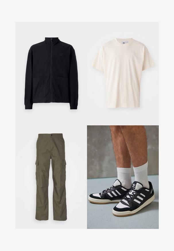 Schwarze Zip-Jacke aus strukturiertem Stoff mit Stehkragen, zwei Fronttaschen und elastischen Bündchen. Subtiler Logodruck.; Cremfarbene Baumwoll-T-Shirt mit rundem Halsauschnitt und kurzen Ärmeln; verfügt über ein kleines, helles Logo auf der Brust.; Olivefarbene Cargo-Hose mit geradem Schnitt, aus strukturiertem Stoff. Verfügt über große Seitentaschen und einen Knopfverschluss.; Schwarz-weiße Sneaker mit einem Obermaterial aus Wildleder und Leder, ausgestattet mit drei weißen Streifen, einer perforierten Zehenpartie und einer Sohle aus Gummi.