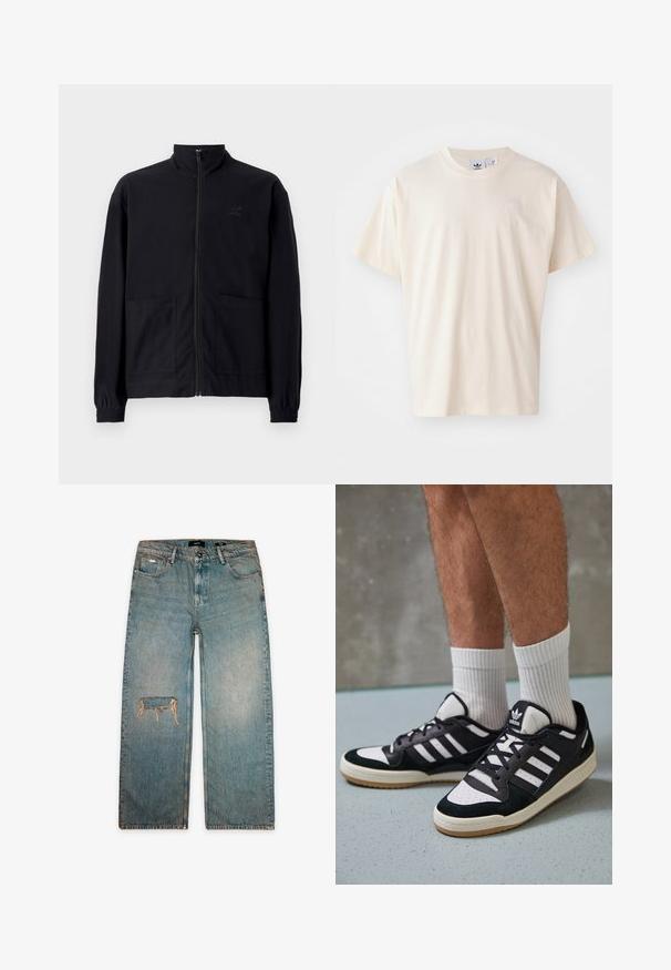 Črna jakna na zadrgo iz teksturirane tkanine z dvignjenim ovratnikom, dvema sprednjima žepoma in elastificiranimi manšeti. Diskretna podrobnost logotipa.; Kremasta bombažna majica s krožnim izrezom in kratkimi rokavi; vsebuje majhen, svetleč logotip na prsih.; Svetlo pranje teksas hlače z ohlapnim krojem, opremljene z raztrganim kolenom in klasičnim pet-žepnim dizajnom. Neobdelan rob na dnu.; Črno-bele superge z zgornjim delom iz usnja in nubuka, ki imajo tri bele črte, perforiran vrh prstov in podplat iz gume.