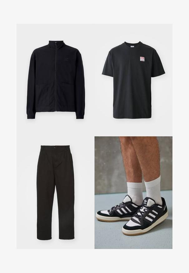 Čierna zapínacia bunda vyrobená z textúrovanej látky, s vysokým golierom, dvoma prednými vreckami a elastickými manžetami. Diskrétne logo.; Čierne bavlnené tričko s krátkymi rukávmi a okrúhlym výstrihom, s malou farebnou nálepkou na ľavej hrudi s nápisom "SUPERIOR."; Čierne nohavice vyrobené z hladkej látky, s gombíkovým zapínaním, rovného strihu a s dvoma prednými záhybmi pre pridanie detailu.; Čierno-biele tenisky s vrchom z semišu a kože, s troma bielymi pruhmi, perforovanou špičkou a gumovou podrážkou.
