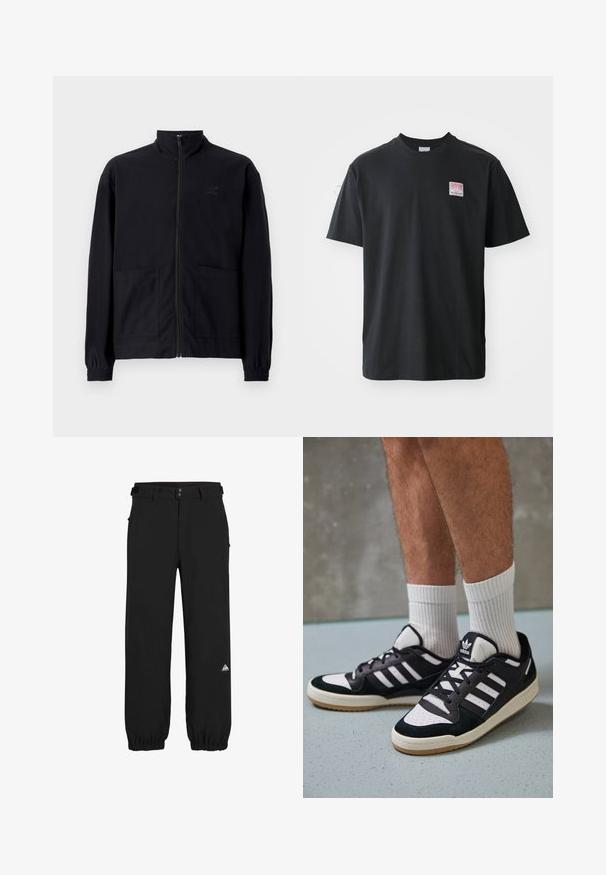 Čierna zapínacia bunda vyrobená z textúrovanej látky, s vysokým golierom, dvoma prednými vreckami a elastickými manžetami. Diskrétne logo.; Čierne bavlnené tričko s krátkymi rukávmi a okrúhlym výstrihom, s malou farebnou nálepkou na ľavej hrudi s nápisom "SUPERIOR."; Čierne nohavice vyrobené z ľahkého materiálu, s voľným strihom, elastickými manžetami, pútkami na opasok a malým farebným logom na dolnej časti nohy.; Čierno-biele tenisky s vrchom z semišu a kože, s troma bielymi pruhmi, perforovanou špičkou a gumovou podrážkou.