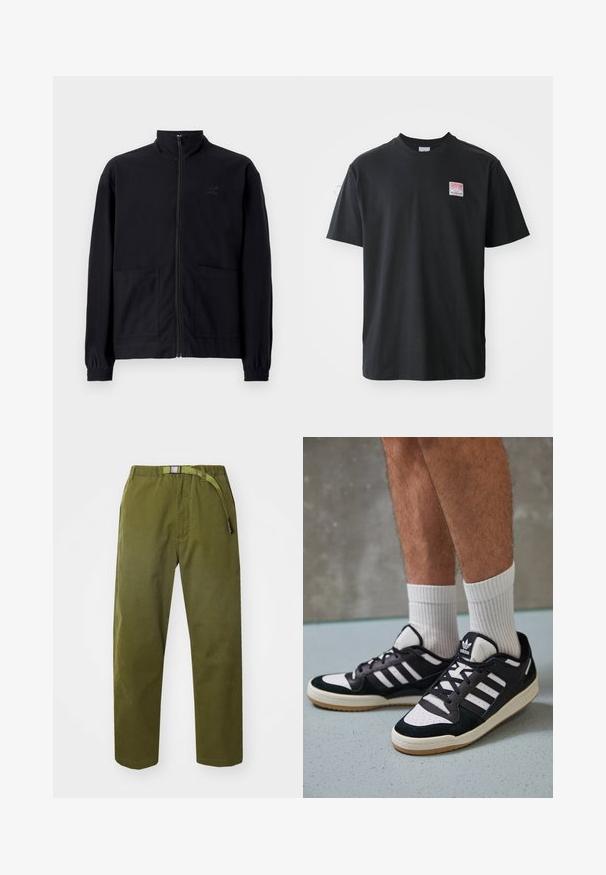 Veste noire zippée en tissu texturé avec col montant, deux poches avant et poignets élastiqués. Détail logo discret.; T-shirt en coton noir avec col rond, manches courtes, et une petite étiquette colorée sur la poitrine gauche avec le mot "SUPERIOR."; Manastash FLEX CLIMBER WIDE LEG - Pantalon classique - oliv; Baskets noir et blanc avec une tige en suède et cuir, comportant trois rayures blanches, un bout perforé et une semelle en caoutchouc gum.