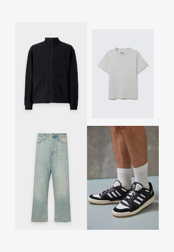 Crna jakna na patent s teksturiranim materijalom koja ima stojeći ovratnik, dva prednja džepa i elastične manžete. Suptilan detalj s logotipom.; Svijetlosiva pamučna majica s okruglim izrezom i kratkim rukavima, koja ima minimalistički dizajn i opušteni kroj. Bez uzoraka i naglasaka.; Svijetloplave traperice s opuštenim krojem, ravnim nogavicama i izblijedjelim završetkom; karakteriziraju ih klasično kopčanje na gumb i patentni zatvarač.; Crne i bijele tenisice s gornjim dijelom od antilopa i kože, s tri bijele pruge, perforiranim prstom i gumiranim potplatom.