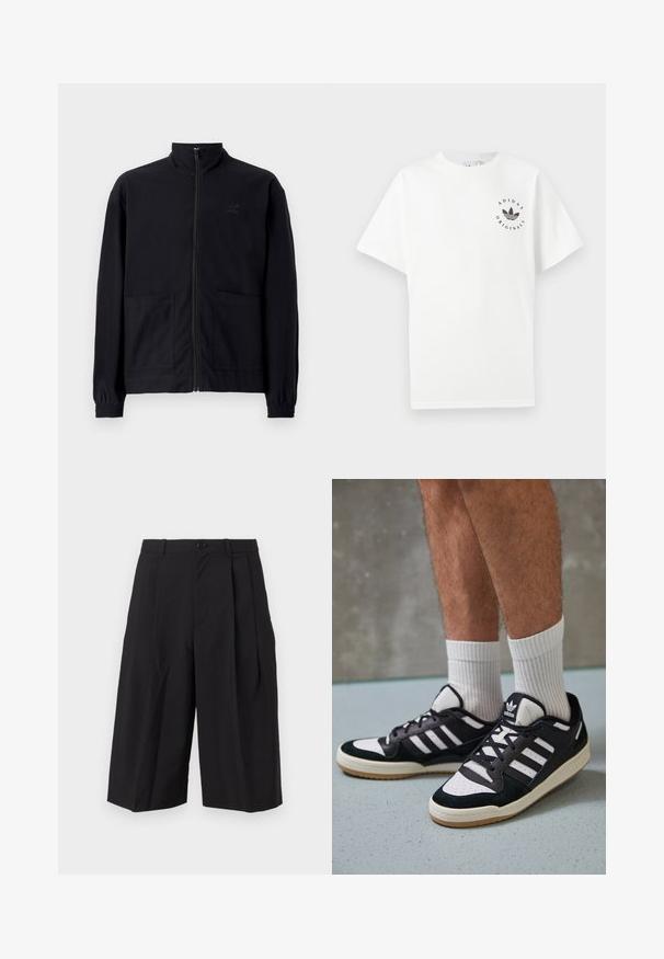 Veste noire zippée en tissu texturé avec col montant, deux poches avant et poignets élastiqués. Détail logo discret.; T-shirt en coton blanc à manches courtes, col rond, avec le logo noir d'Adidas Originals imprimé sur la poitrine gauche.; Shorts plissés noirs en tissu au toucher lisse, avec une fermeture à bouton à l'avant et des jambes larges et amples.; Baskets noir et blanc avec une tige en suède et cuir, comportant trois rayures blanches, un bout perforé et une semelle en caoutchouc gum.