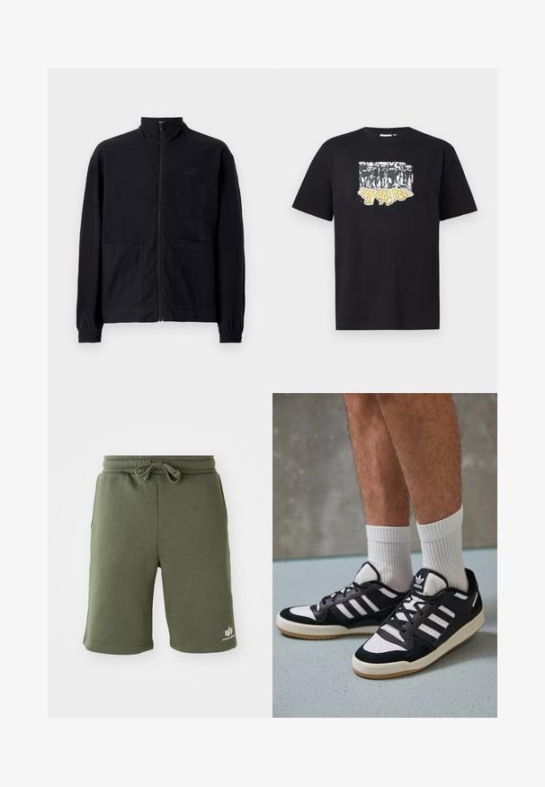 Fekete, cipzáros dzseki, textúrált anyagból, álló gallérral, két elülső zsebbel és rugalmas mandzsettával. Diszkrét logó részlet.; Fekete pamut póló, fehér és sárga grafikai nyomattal, mellyel az "IRON LIKE HELL" felirat és sziluettek terve látható.; Olajzöld, puha anyagból készült rövidnadrág, húzózsinórral, oldalsó zsebekkel és egy nyomtatott logóval a jobb alsó részen.; Fekete-fehér tornacipők velúr és bőr felsőrésszel, három fehér csíkkal, perforált orral és gumi talppal.