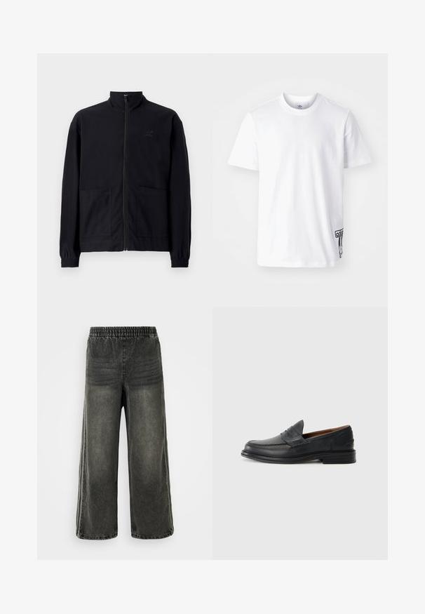 Čierna zapínacia bunda vyrobená z textúrovanej látky, s vysokým golierom, dvoma prednými vreckami a elastickými manžetami. Diskrétne logo.; Biely bavlnený tričko s krátkymi rukávmi, okrúhlym výstrihom a čiernou nášivkou loga Adidas na dolnej ľavej strane. Hladká textúra.; Čierne denimo nohavice s elastickým pásom a širokými nohavicami, s jemnými vertikálnymi švovými detailmi po stranách.; Čierne kožené mokasíny s prešitým dizajnom, okrúhlou špičkou, nízkym stohovaným podpätkom a slip-on štýlom. Hladká textúra s jemným leskom.