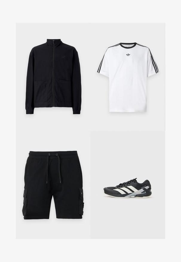 Melna zip-up jaka, izgatavota no struktūrētas auduma, ar stāvošu apkakli, divām priekšējām kabatām un elastīgām aprocēm. Diskreta logotipa detaļa.; Baltā T-krekla izgatavots no kokvilnas, ar melnu apaļu kakla izgriezumu un trim melnām svītrām uz katra pleca. Mazs melns logo uz krūtīm.; Melnas kokvilnas šortus ar kabatām, kas aprīkoti ar divām sānu kabatām, regulējamu jostasvietu ar auklu un gludu faktūru.; Melnas sporta kurpes ar baltām svītrām, acs augšdaļa, noapaļots pirksts un mīksts zole. Iespējams ar teksturētu papēdi un drošu šņoru sistēmu.