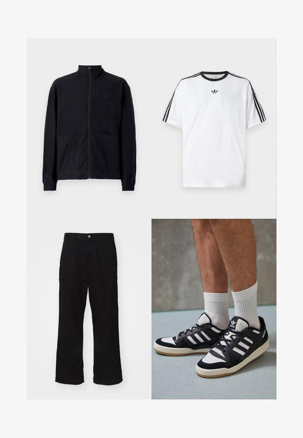 Veste noire zippée en tissu texturé avec col montant, deux poches avant et poignets élastiqués. Détail logo discret.; T-shirt blanc en coton, doté d'un col rond noir et de trois rayures noires sur chaque épaule. Petit logo noir sur la poitrine.; Pantalons larges noirs en tissu mélangé coton, avec une fermeture à bouton et une coupe droite avec des coutures minimales visibles.; Baskets noir et blanc avec une tige en suède et cuir, comportant trois rayures blanches, un bout perforé et une semelle en caoutchouc gum.