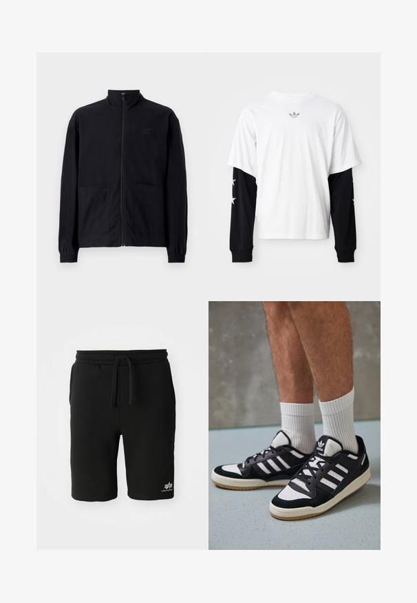 Black zip-up jacket made of textured fabric featuring a standing collar, two front pockets, and elasticized cuffs. Subtle logo detail.; White short-sleeve T-shirt with black long sleeves. Black sleeves feature white star patterns. Soft cotton material, relaxed fit.; Black cotton shorts with an elastic waistband, drawstring, side pockets, and a white logo detail on the lower hem. Smooth texture.; Black and white sneakers with a suede and leather upper, featuring three white stripes, a perforated toe, and a gum rubber sole.
