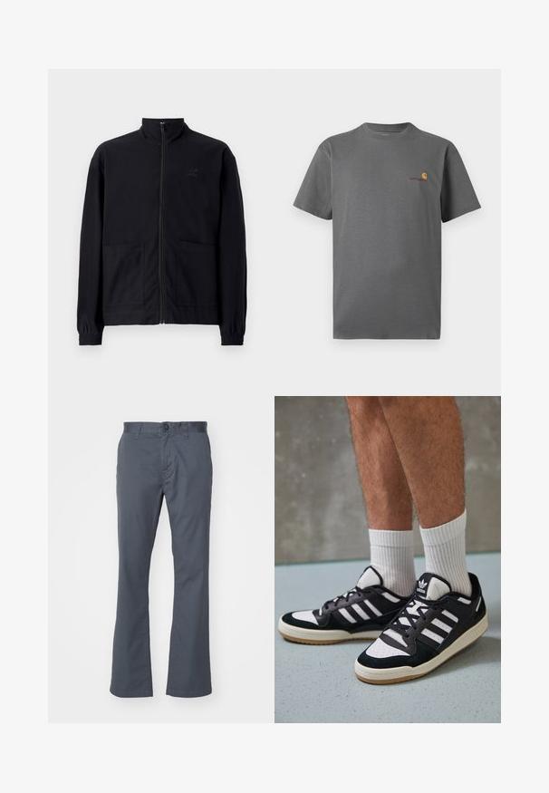 Veste noire zippée en tissu texturé avec col montant, deux poches avant et poignets élastiqués. Détail logo discret.; T-shirt gris à manches courtes en coton ; présente un logo subtil en orange et bordeaux sur la poitrine. Design de col rond basique.; Pantalons droits gris foncé en mélange de coton, dotés d'une fermeture à bouton à l'avant, de passants de ceinture et de poches standard. Texture lisse.; Baskets noir et blanc avec une tige en suède et cuir, comportant trois rayures blanches, un bout perforé et une semelle en caoutchouc gum.