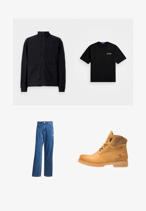 Mustast zip-up jakkidest, mis on valmistatud tekstureeritud kangast, on püstkaelus, kaks esist taskut ja elastsed mansetid. Diskreetne logo detail.; Must must t-särk ümmarguse kaeluse ja lühikeste varrukatega. Esiküljel vasakus rinnas on valge "POLO SPORT" logo. Standardsuurus.; Sinine kõrge vöökohaga avar jakkidega teksapükse, millel on ees taskud, vöökoharingid, nupuga sulgemine ja väike Adidas'i logo paremal reiel.; Kerged nahast pahkluu saapad sametaktsentidega, ümar varvas, pehmendatud krae ja vastupidav kummitald. Omab dekoratiivset õmblust ning brändimist.