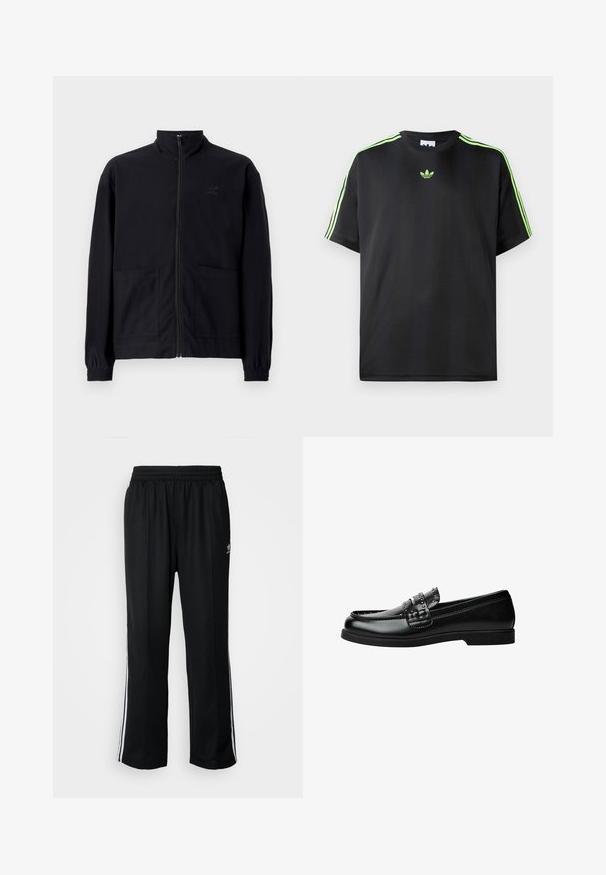 Jachetă zip-up neagră, realizată dintr-un material texturat, cu guler în picioare, două buzunare frontale și manșete elastice. Detaliu subtil cu logo.; Tricou negru dintr-un material fin, cu guler rotund, având trei dungi verzi pe umeri și un mic logo verde pe piept.; Pantaloni atletici negri cu talie elastică, având dungi albe pe laterale și un mic logo. Materialul pare moale și ușor.; Bershka STUDDED-LOAFERS - Pantofi slip-on - black