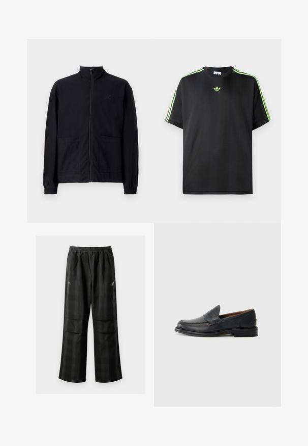 Veste noire zippée en tissu texturé avec col montant, deux poches avant et poignets élastiqués. Détail logo discret.; T-shirt noir en tissu lisse avec un col rond, présentant trois bandes vertes sur les épaules et un petit logo vert sur la poitrine.; Pantalons à carreaux noirs avec une taille élastique, deux poches avant et une coupe ample avec une conception à jambe droite. Fabriqués en matériau léger.; Mocassins en cuir noir avec un design cousu, bout arrondi, petit talon empilé et style slip-on. Texture lisse avec une légère brillance.
