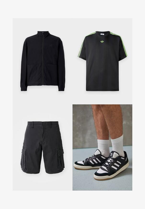 Musta vetoketjullinen takki, joka on valmistettu teksturoidusta kankaasta. Takissa on pystykaulus, kaksi etutaskua ja elastiset hihansuut. Huomaamaton logotyyli.; Mustat T-paita, joka on valmistettu sileästä kankaasta ja jossa on pyöreä kaula-aukko. Paidassa on kolme vihreää raitaa olkapäissä ja pieni vihreä logo rinnassa.; Mustat cargo-shortsit, jotka on valmistettu puuvillasta ja joissa on useita sivutaskuja, nappikiinnitys ja rento istuvuus. Tasainen rakenne ja tukevat saumat.; Valkoiset ja mustat tennarit, joissa on mokkanahka- ja nahkapäällinen, kolme valkoista raitaa, rei'itetty kärki ja kumipohja.