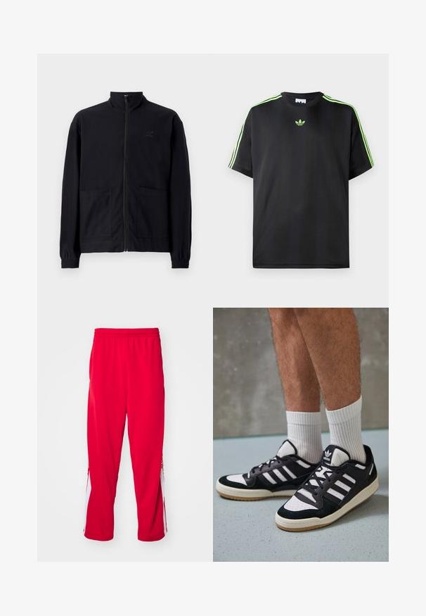 Jaqueta preta com fecho zip, feita de tecido texturizado, com gola alta, duas bolsos frontais e punhos elásticos. Detalhe discreto do logótipo.; T-shirt preto feito de tecido liso com decote redondo, apresentando três riscas verdes nos ombros e um pequeno logo verde no peito.; Calças desportivas vermelhas com um cós elástico e painéis laterais brancos. Feitas de um material liso e elástico, apresentam um corte folgado.; Ténis em preto e branco com upper em camurça e couro, apresentando três riscas brancas, um toe perfurado e uma sola em borracha de goma.