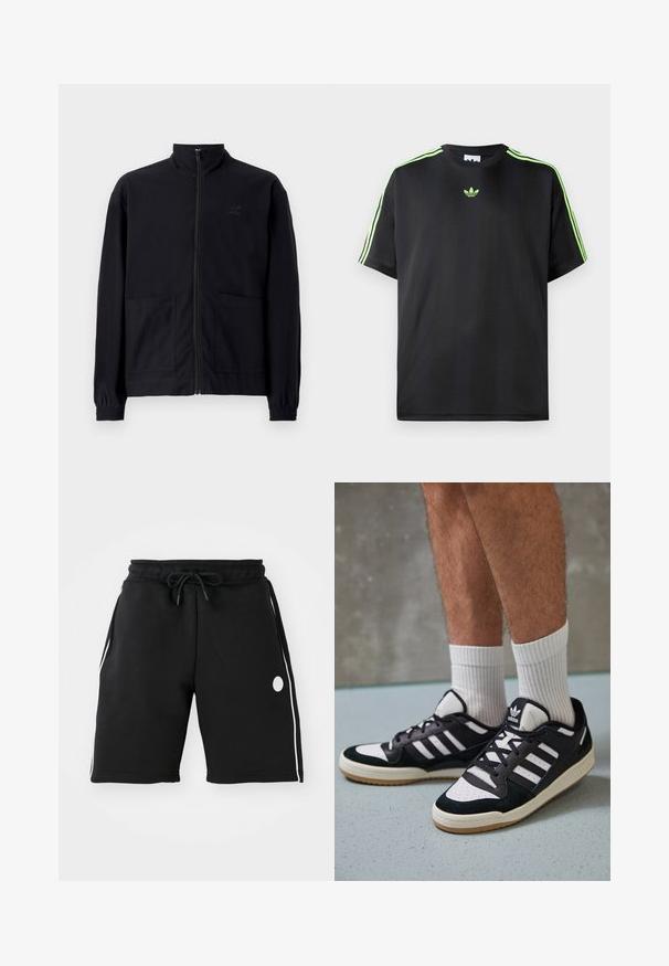Black zip-up jacket made of textured fabric featuring a standing collar, two front pockets, and elasticized cuffs. Subtle logo detail.; Black T-shirt made of smooth fabric with a crew neckline, featuring three green stripes on the shoulders and a small green logo on the chest.; Black sweat shorts with an elastic waistband and adjustable drawstring. Features white side stripes and a circular logo accent.; Black and white sneakers with a suede and leather upper, featuring three white stripes, a perforated toe, and a gum rubber sole.