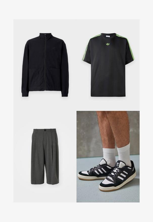 Schwarze Zip-Jacke aus strukturiertem Stoff mit Stehkragen, zwei Fronttaschen und elastischen Bündchen. Subtiler Logodruck.; Schwarzes T-Shirt aus glattem Stoff mit Rundhalsausschnitt, das drei grüne Streifen auf den Schultern und ein kleines grünes Logo auf der Brust zeigt.; Graue, gestreifte, weitgeschnittene Shorts mit einem Knopfverschluss und plissiertem Vorderteil. Aus einem strukturierten Stoff gefertigt und mit einem maßgeschneiderten Design.; Schwarz-weiße Sneaker mit einem Obermaterial aus Wildleder und Leder, ausgestattet mit drei weißen Streifen, einer perforierten Zehenpartie und einer Sohle aus Gummi.