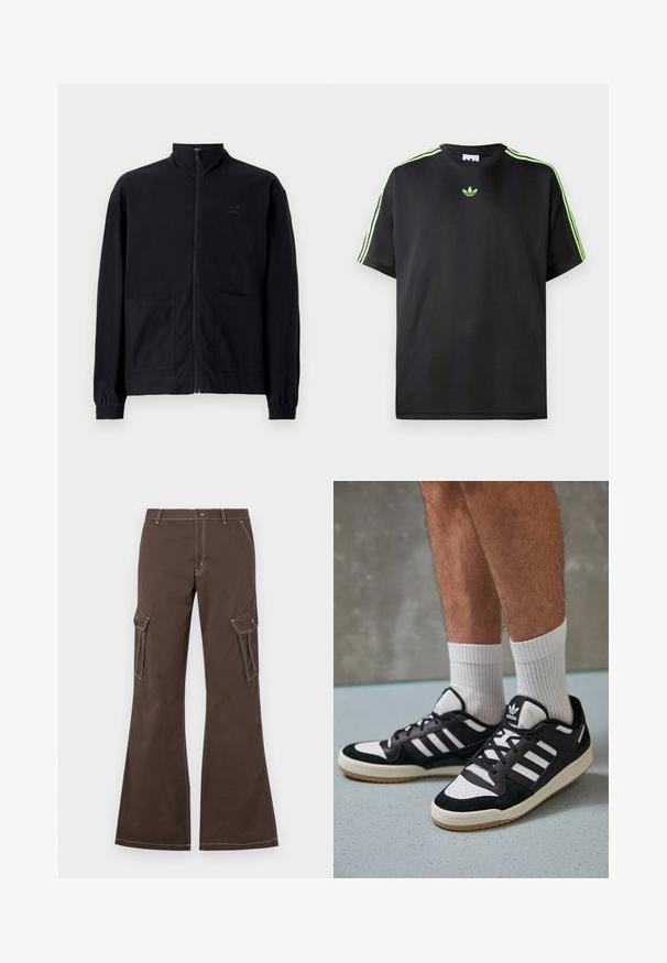 Black zip-up jacket made of textured fabric featuring a standing collar, two front pockets, and elasticized cuffs. Subtle logo detail.; Black T-shirt made of smooth fabric with a crew neckline, featuring three green stripes on the shoulders and a small green logo on the chest.; Brown cargo pants with flared legs, featuring side pockets, white stitching accents, and a metal button closure.; Black and white sneakers with a suede and leather upper, featuring three white stripes, a perforated toe, and a gum rubber sole.