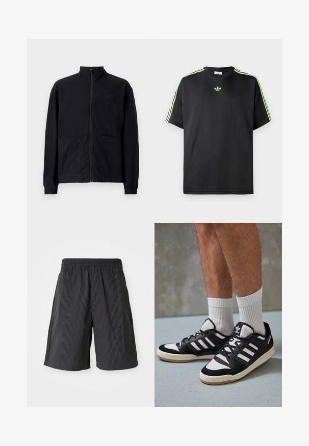 Jachetă zip-up neagră, realizată dintr-un material texturat, cu guler în picioare, două buzunare frontale și manșete elastice. Detaliu subtil cu logo.; Tricou negru dintr-un material fin, cu guler rotund, având trei dungi verzi pe umeri și un mic logo verde pe piept.; Șorturi negre cu un design texturat, cu caneluri, talie elastică și două buzunare laterale. Stil casual, lungime deasupra genunchiului.; Adidași negri și albi cu un superior din suede și piele, prevăzuți cu trei dungi albe, un vârf perforat și o talpă din cauciuc caramel.