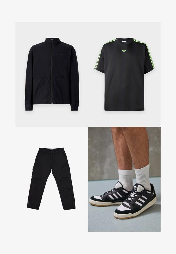 Jaqueta preta com fecho zip, feita de tecido texturizado, com gola alta, duas bolsos frontais e punhos elásticos. Detalhe discreto do logótipo.; T-shirt preto feito de tecido liso com decote redondo, apresentando três riscas verdes nos ombros e um pequeno logo verde no peito.; Calças cargo pretas feitas de tecido durável, com múltimos bolsos cargo, tornozelos com fecho de correr e pernas retas com detalhes de costura subtil.; Ténis em preto e branco com upper em camurça e couro, apresentando três riscas brancas, um toe perfurado e uma sola em borracha de goma.