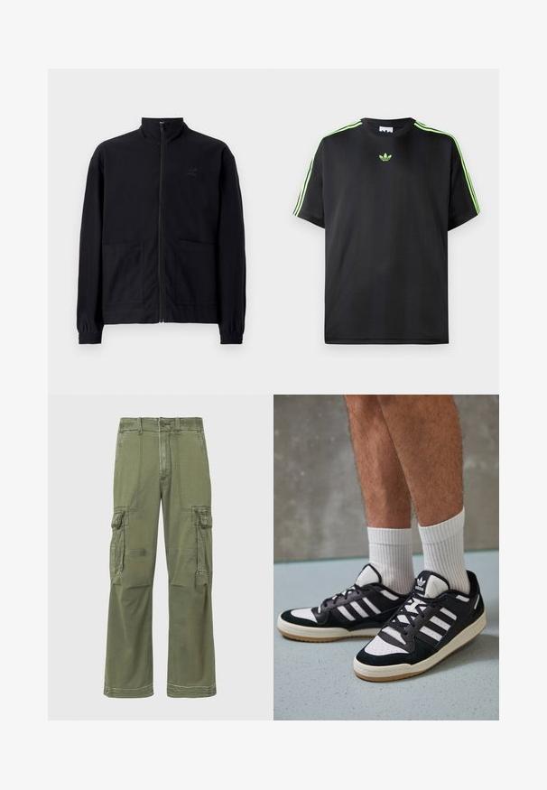 Čierna zapínacia bunda vyrobená z textúrovanej látky, s vysokým golierom, dvoma prednými vreckami a elastickými manžetami. Diskrétne logo.; Čierne tričko z hladkej tkaniny s okrúhlym výstrihom, s tromi zelenými pruhmi na ramenách a malým zeleným logom na hrudi.; Olivové cargo nohavice s voľným strihom, s viacerými bočnými vreckami, prešívaním a gombíkovým zapínaním v páse.; Čierno-biele tenisky s vrchom z semišu a kože, s troma bielymi pruhmi, perforovanou špičkou a gumovou podrážkou.