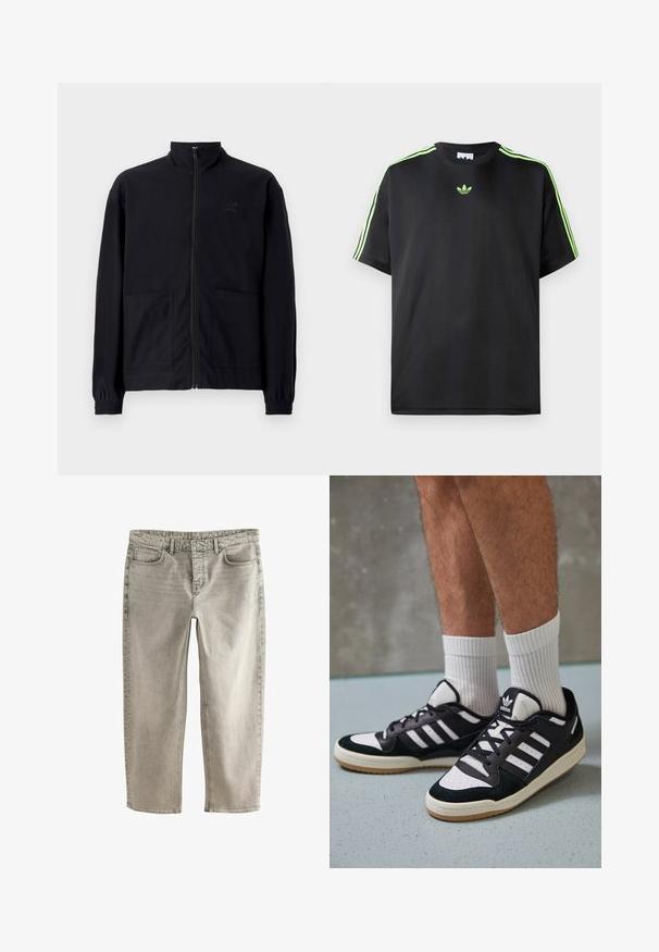 Černá zipová bunda vyrobená z texturované tkaniny, s vysokým límcem, dvěma předními kapsami a elastickými manžetami. Jemný detail loga.; Černé tričko vyrobené z hladké tkaniny s kulatým výstřihem, s třemi zelenými pruhy na ramenou a malým zeleným logem na hrudi.; Světlé šedé denimové džíny se střihovým designem rovného nohavice, pěti kapsami a prošitými detaily. Mají standardní pás a zip.; Černobílé tenisky s vrchní částí z semišové a kožené kůže, včetně tří bílých pruhů, perforovaného špičky a podrážky z gumy.