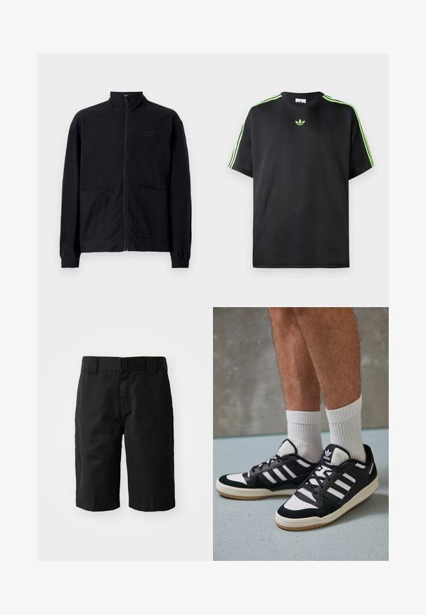 Sort zip-op jakke lavet af tekstureret stof med stående krave, to forlommer og elastiske manchetter. Diskret logo detalje.; Sort T-shirt lavet af glat stof med rund halsudskæring, der har tre grønne striber på skuldrene og et lille grønt logo på brystet.; Sorte bomuldsshorts med lige snit, bæltestropper og flad front. Har lommer på siderne og en glat tekstur.; Sorte og hvide sneakers med en overdel i ruskind og læder, der har tre hvide striber, en perforeret tå og en sål i gummigummi.