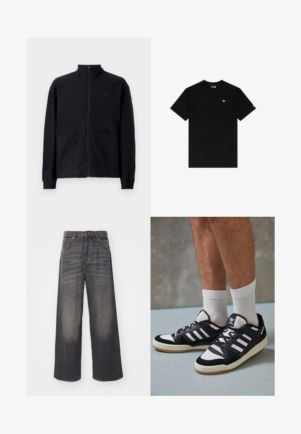 Jachetă zip-up neagră, realizată dintr-un material texturat, cu guler în picioare, două buzunare frontale și manșete elastice. Detaliu subtil cu logo.; Tricou din bumbac negru, cu guler rotund, mâneci scurte, prezentând un mic logo alb pe partea stângă a pieptului și fără alte modele sau accente.; Jeans cu croi larg, cu talie înaltă, din denim negru decolorat. Au cinci buzunare și accente metalice. Textură netedă cu detalii subtile de uzură.; Adidași negri și albi cu un superior din suede și piele, prevăzuți cu trei dungi albe, un vârf perforat și o talpă din cauciuc caramel.