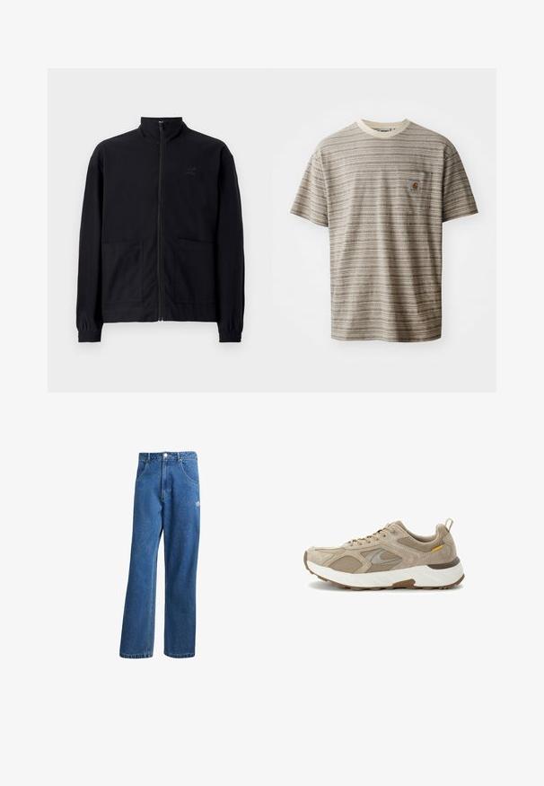 Black zip-up jacket made of textured fabric featuring a standing collar, two front pockets, and elasticized cuffs. Subtle logo detail.; Short-sleeve striped t-shirt in beige and brown, featuring a crew neckline and a chest pocket with a logo patch. Textured fabric.; Blue denim jeans with a wide-leg silhouette, featuring a front waistband button, side pockets, and a small white logo on the left leg.; Beige running shoe featuring a combination of suede and mesh materials, padded collar, and a white midsole with textured brown outsole.
