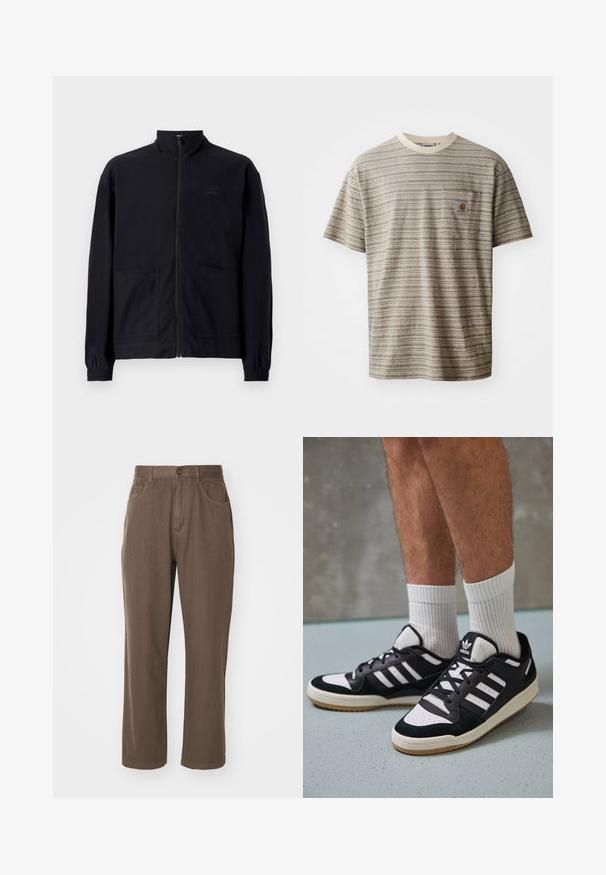 Mustast zip-up jakkidest, mis on valmistatud tekstureeritud kangast, on püstkaelus, kaks esist taskut ja elastsed mansetid. Diskreetne logo detail.; Lühikeste varrukatega triibuline t-särk beežikaspruuni värviga, millel on ümmargune kaelus ja rinnatasku logoga. Tekstuuriga kangas.; Pruunid puuvillased püksid sirge lõikega, millel on kaks esi-taskut, lukuga mugav sulgemine ja nööbiga kinnitamine.; Mustvalged ja valged spordijalatsid, mille pealmine osa on valmistatud suede'ist ja nahast. Kingadel on kolm valget riba, auguline varvas ja kummist tald.