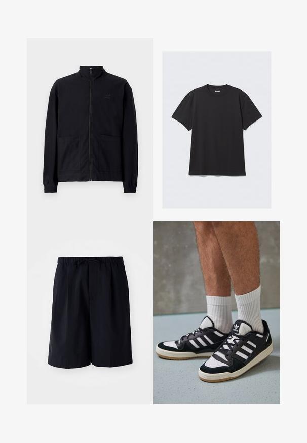 Schwarze Zip-Jacke aus strukturiertem Stoff mit Stehkragen, zwei Fronttaschen und elastischen Bündchen. Subtiler Logodruck.; Schwarzes T-Shirt mit kurzen Ärmeln aus Baumwolle. Hat einen Rundhalsausschnitt und eine lockere Passform. Einfaches Design ohne sichtbare Muster oder Akzente.; Marineblaue Shorts aus leichtem Material, mit einem elastischen Bund und Kordelzug sowie zwei Seitentaschen, gerader Schnitt.; Schwarz-weiße Sneaker mit einem Obermaterial aus Wildleder und Leder, ausgestattet mit drei weißen Streifen, einer perforierten Zehenpartie und einer Sohle aus Gummi.