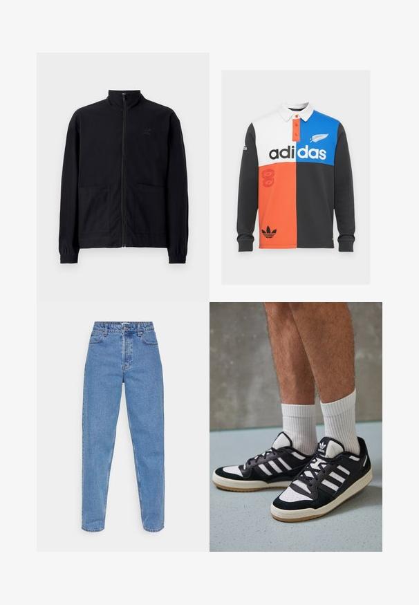 Melna zip-up jaka, izgatavota no struktūrētas auduma, ar stāvošu apkakli, divām priekšējām kabatām un elastīgām aprocēm. Diskreta logotipa detaļa.; Krāsaini blokota garām piedurknēm polo krekls melnā, baltā, oranžā un zilā krāsā, ar apkakli, pogu aizdari un izteiksmīgu Adidas zīmolu.; Gai zilie džinsi, augsta jostasvieta ar taisnu kāju griezumu, pieci kabatas un klasiskā pogu un rāvējslēdzēja aizdare.; Melnas un baltas kedas ar zamša un ādas augšdaļu, kas aprīkotas ar trim baltām svītrām, perforētu purngali un gumijas zolēm.