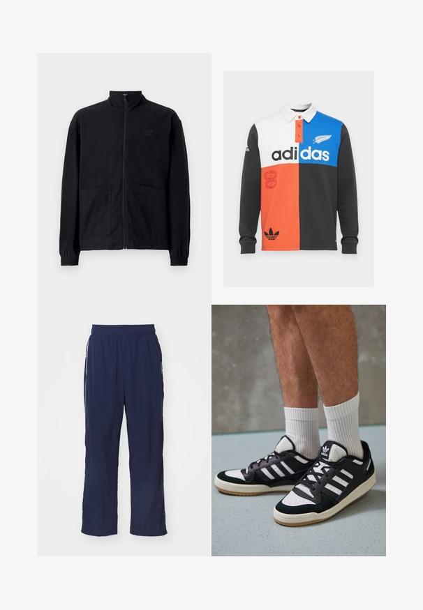 Schwarze Zip-Jacke aus strukturiertem Stoff mit Stehkragen, zwei Fronttaschen und elastischen Bündchen. Subtiler Logodruck.; Langärmliges Polohemd mit Farbblockierung in Schwarz, Weiß, Orange und Blau, mit Kragen, Knopfleiste und auffälligem Adidas-Logo.; Marineblaue leichte Hose mit einem elastischen Bund, relaxed Fit, Seitentaschen und kontrastierenden weißen Streifen an den Seiten.; Schwarz-weiße Sneaker mit einem Obermaterial aus Wildleder und Leder, ausgestattet mit drei weißen Streifen, einer perforierten Zehenpartie und einer Sohle aus Gummi.