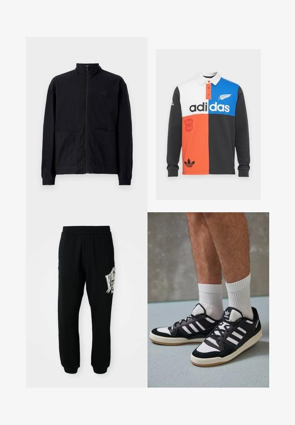Čierna zapínacia bunda vyrobená z textúrovanej látky, s vysokým golierom, dvoma prednými vreckami a elastickými manžetami. Diskrétne logo.; Polo tričko s dlhými rukávmi v farebnom blokovaní v čiernej, bielej, oranžovej a modrej farbe, s golierom, knoflíkovou légou a výrazným brandingom Adidas.; Čierne tepláky vyrobené z jemného materiálu, s rebrovaným pásom a manžetami. Obsahujú grafický potlač v bielej a šedej farbe na ľavej nohe.; Čierno-biele tenisky s vrchom z semišu a kože, s troma bielymi pruhmi, perforovanou špičkou a gumovou podrážkou.