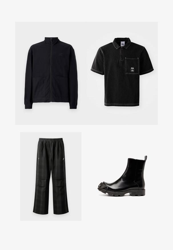 Jachetă zip-up neagră, realizată dintr-un material texturat, cu guler în picioare, două buzunare frontale și manșete elastice. Detaliu subtil cu logo.; Tricou polo negru cu mânecă scurtă, cu fermoar frontal, dungi verticale albe, buzunar pe piept cu un logo mic și țesătură texturată.; Pantaloni cu un model carourile negre, având talie elastică, două buzunare frontale și un croi lejer cu picioare drepte. Construiți dintr-un material ușor.; Cizma din cauciuc negru până la gleznă, cu un finisaj lucios, prezintă un vârf rotunjit și un accent sculptat distinctiv pe vârf. Talpă texturată neagră.